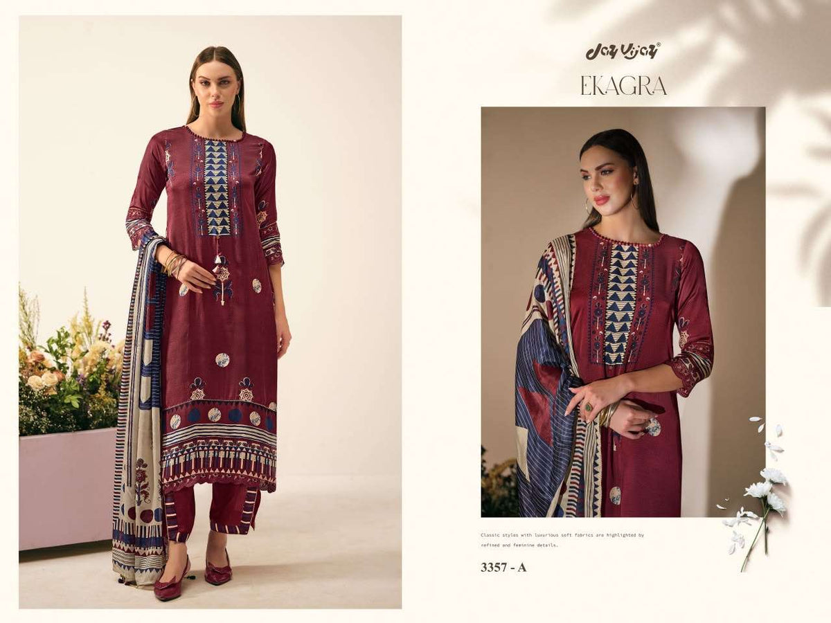 Jay Vijay Ekagra 3357 Bemberg Modal Satin Ajrak Print Dress Material