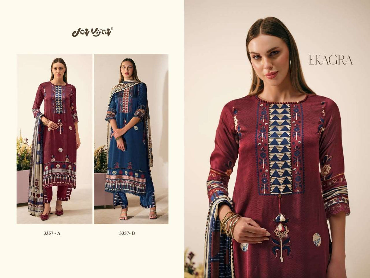 Jay Vijay Ekagra 3357 Bemberg Modal Satin Ajrak Print Dress Material