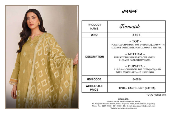 Jay Vijay Farmaish 3305 Mal Chanderi Jacquard Dress Material - Amrah Wholesale