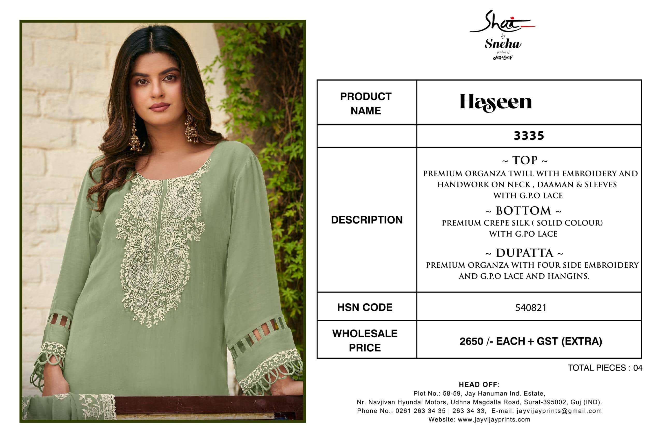 Jay Vijay Haseen 3335 Premium Organza Dress Material
