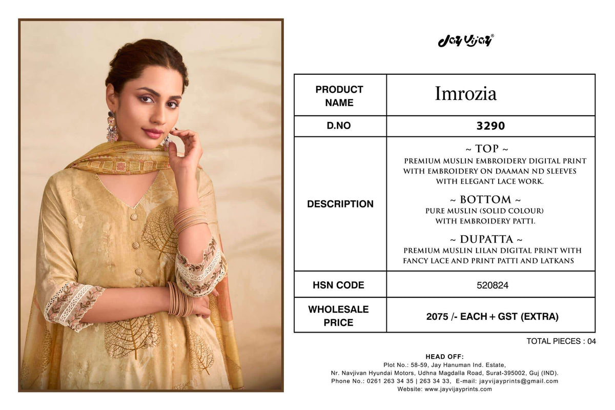 Jay Vijay Imrozia 3290 Muslin Dress Material - Amrah Wholesale