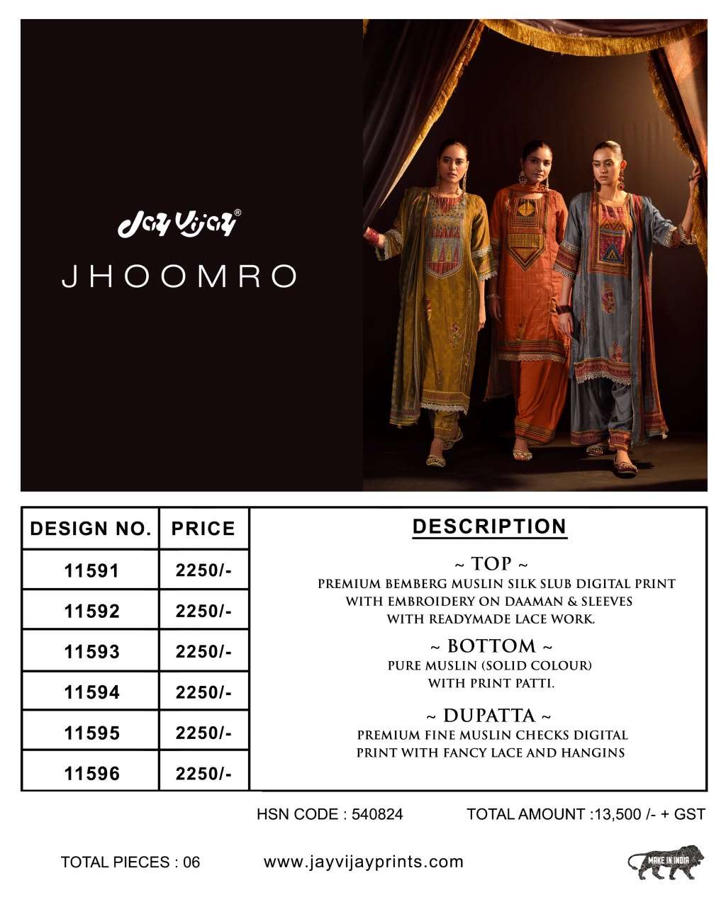 Jay Vijay Jhoomro Premium Bemberg Muslin Silk Suit Set