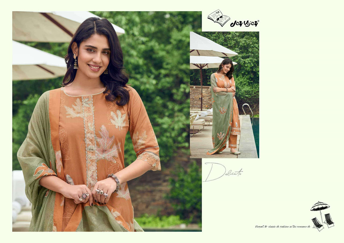 Jay Vijay Kesariya Premium Cotton Embroidered Dress Material