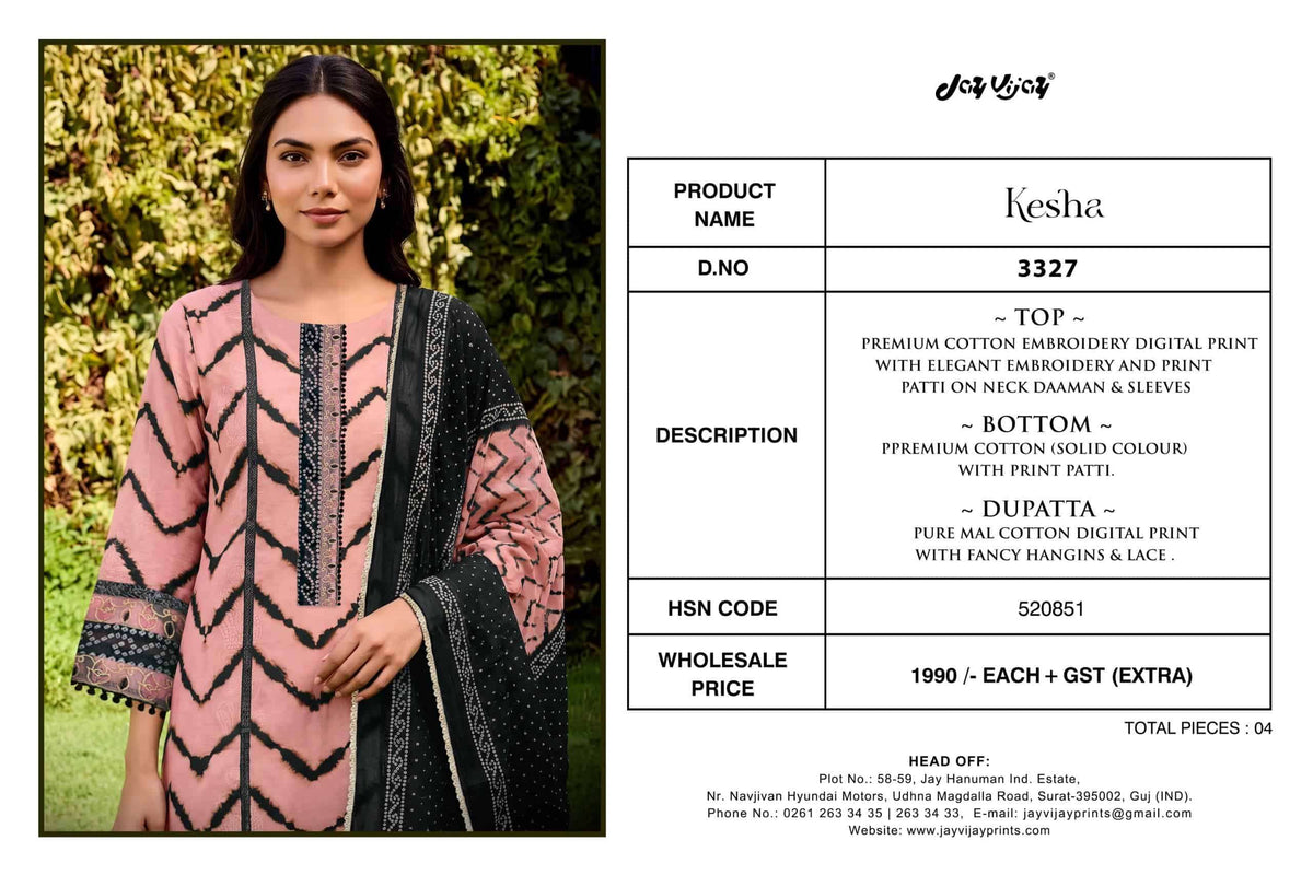 Jay Vijay Kesha 3327 Premium Cotton Embroidered Salwar Suit Set