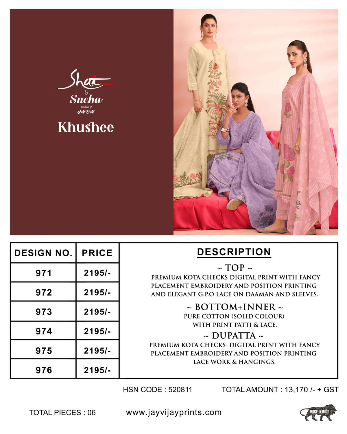 Jay Vijay Khushee Kota Embroidered Dress Material - Amrah Wholesale