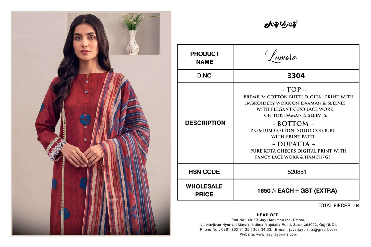 Jay Vijay Lumora 3304 Premium Cotton Dress Material - Amrah Wholesale