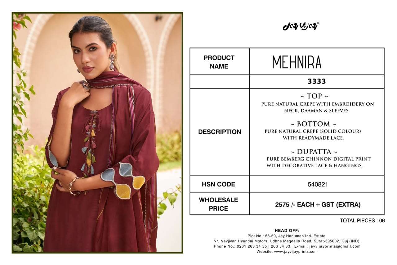 Jay Vijay Mehnira 3333 Natural Crape Dress Material