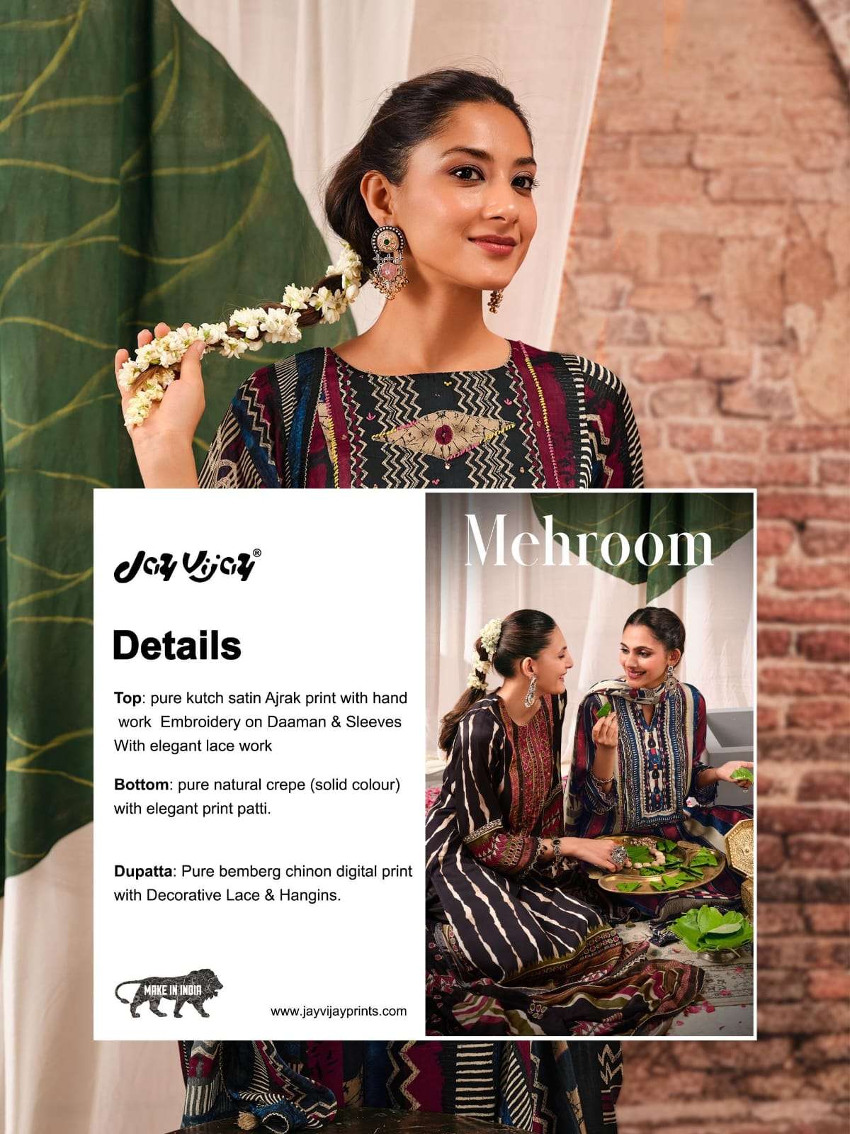 Jay Vijay Mehroom Premium Kutch Satin Ajrak Dress Material