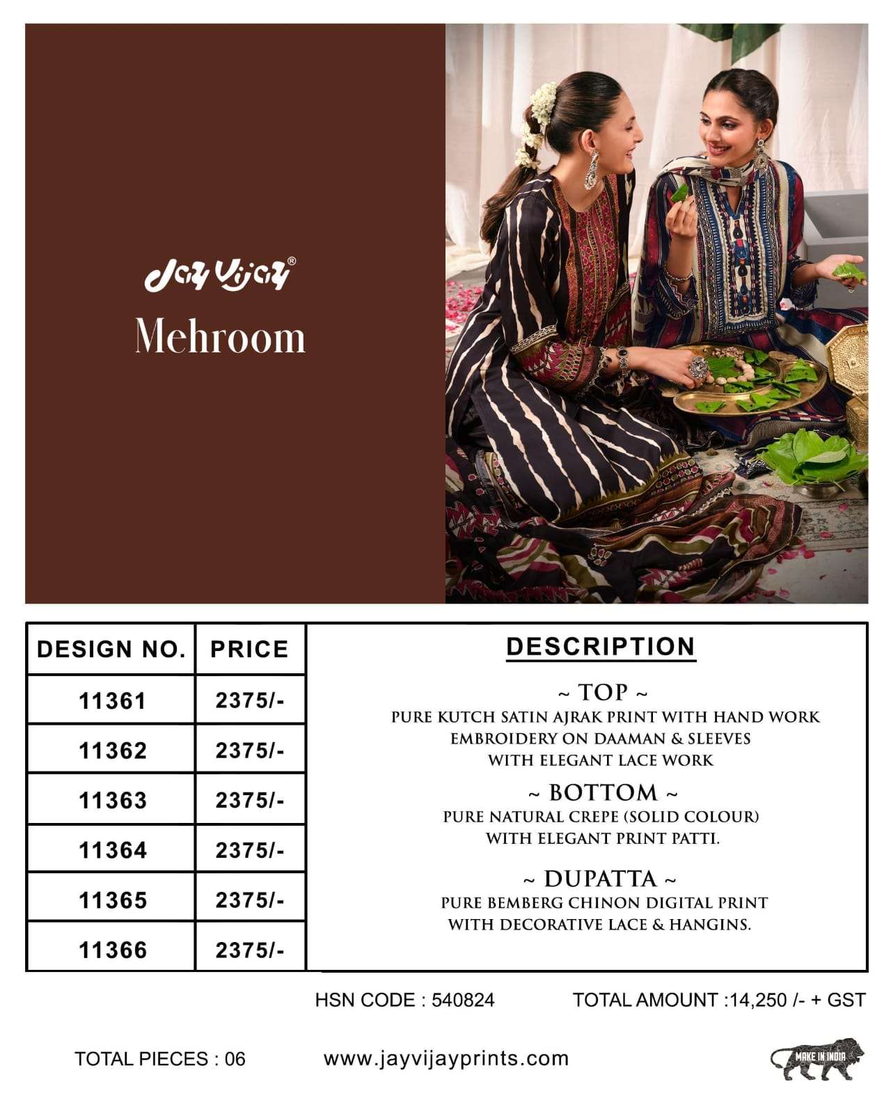 Jay Vijay Mehroom Premium Kutch Satin Ajrak Dress Material