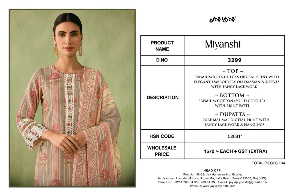 Jay Vijay Miyanshi 3299 Kota Checks Dress Material - Amrah Wholesale