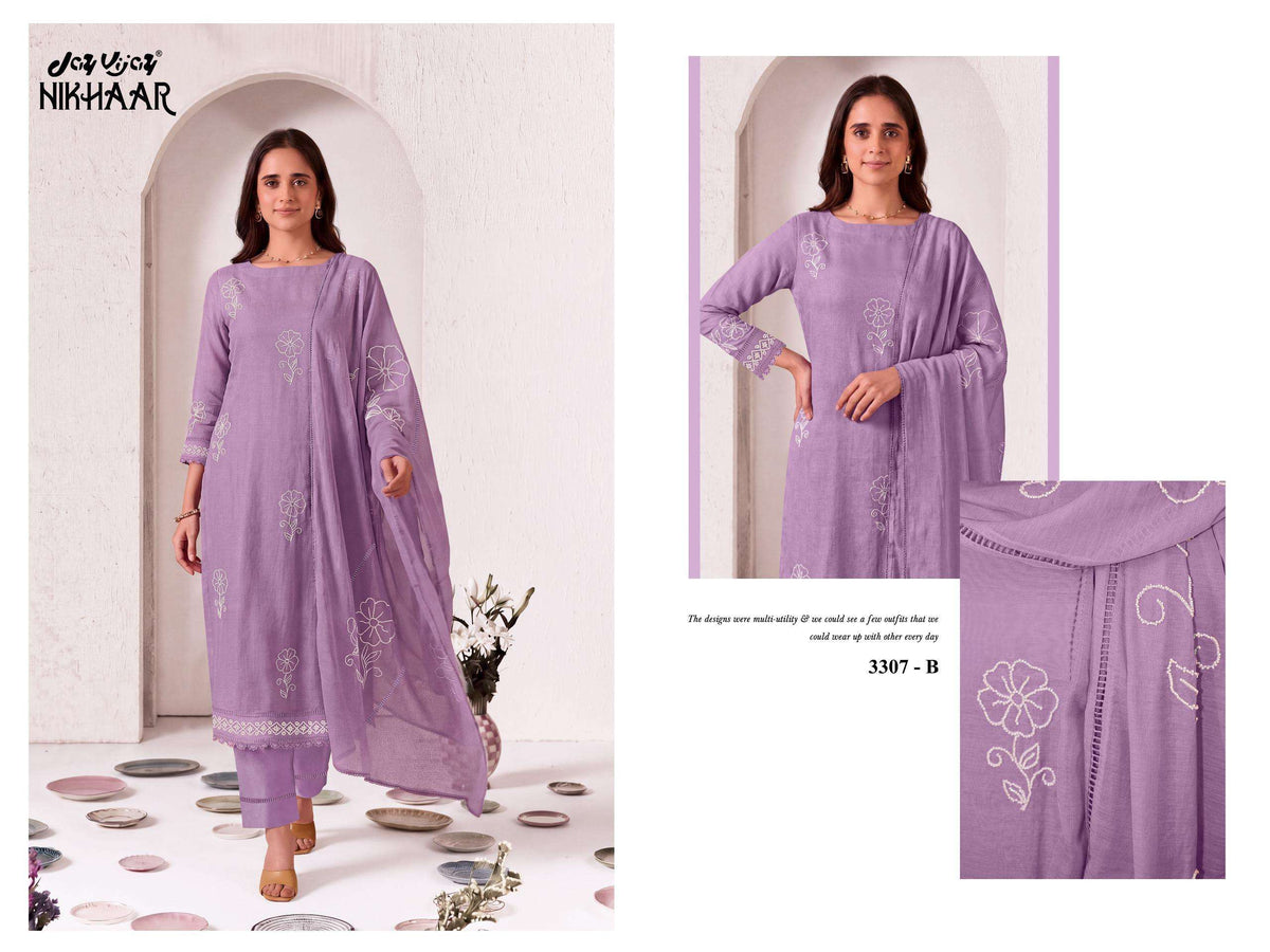 Jay Vijay Nikhaar 3307 Premium Malai Chanderi Dress Material