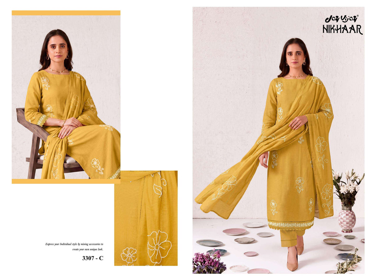 Jay Vijay Nikhaar 3307 Premium Malai Chanderi Dress Material