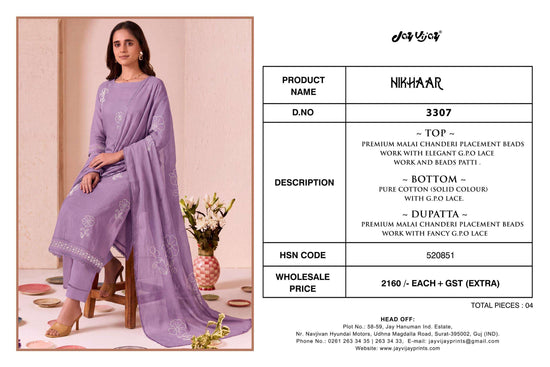 Jay Vijay Nikhaar 3307 Premium Malai Chanderi Dress Material