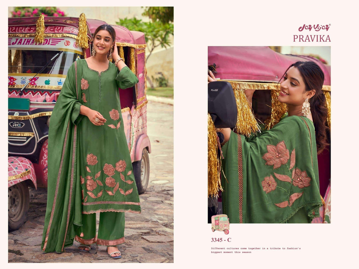 Jay Vijay Pravika 3345 Bemberg Muslin Silk Dress Material - Amrah Wholesale