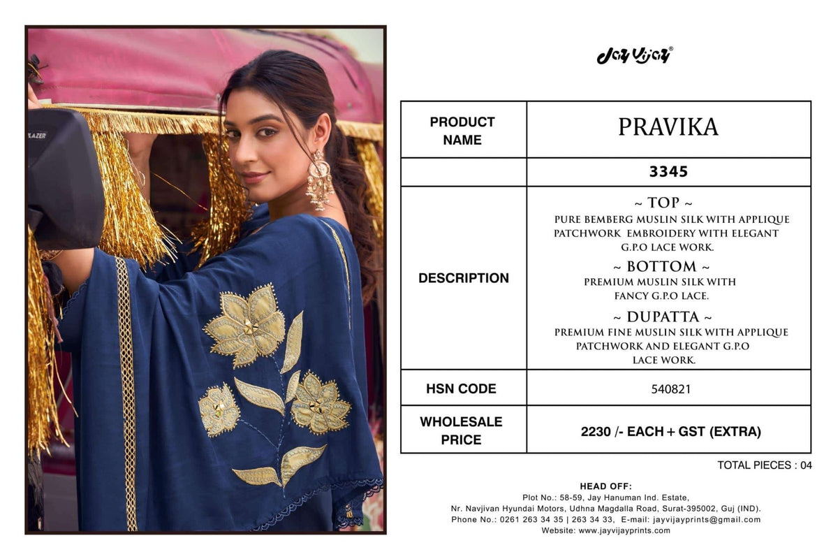 Jay Vijay Pravika 3345 Bemberg Muslin Silk Dress Material - Amrah Wholesale