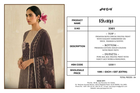 Jay Vijay Rivana 3301 Kota Checks Digital Print Dress Material - Amrah Wholesale
