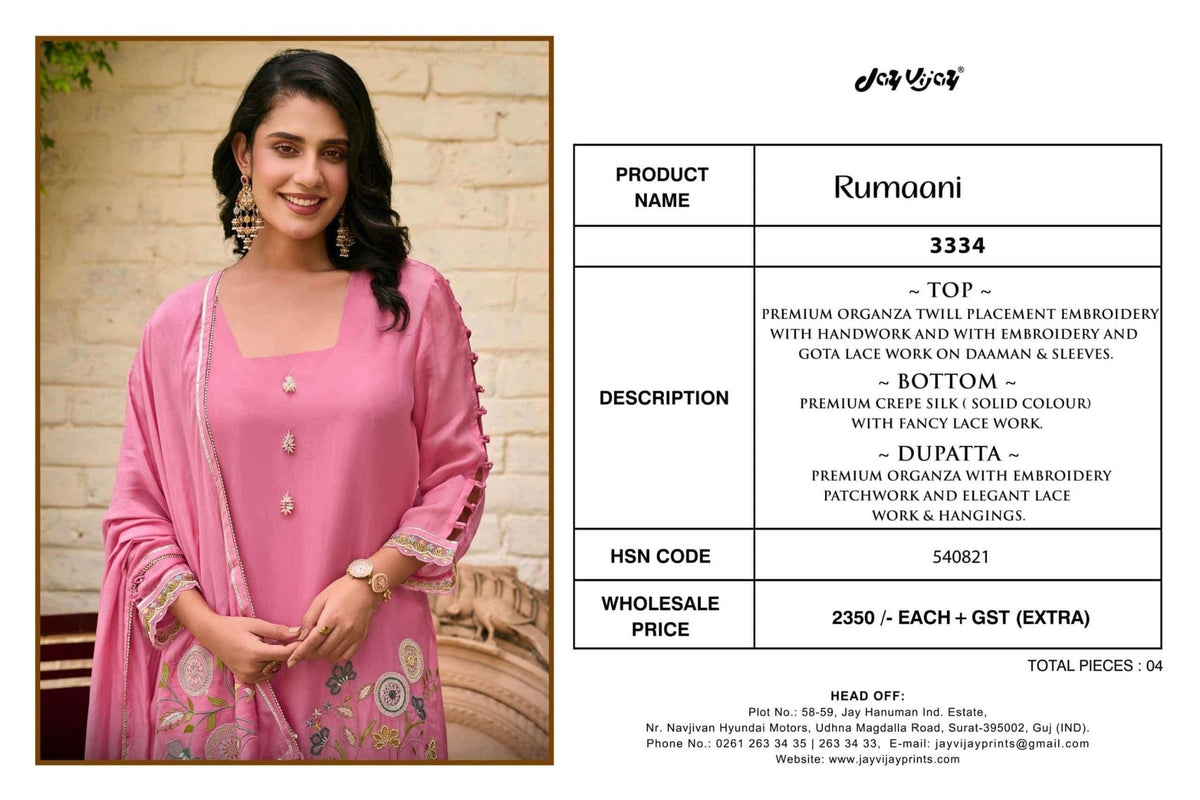 Jay Vijay Rumaani 3334 Premium Organza Embroidered Dress Material - Amrah Wholesale