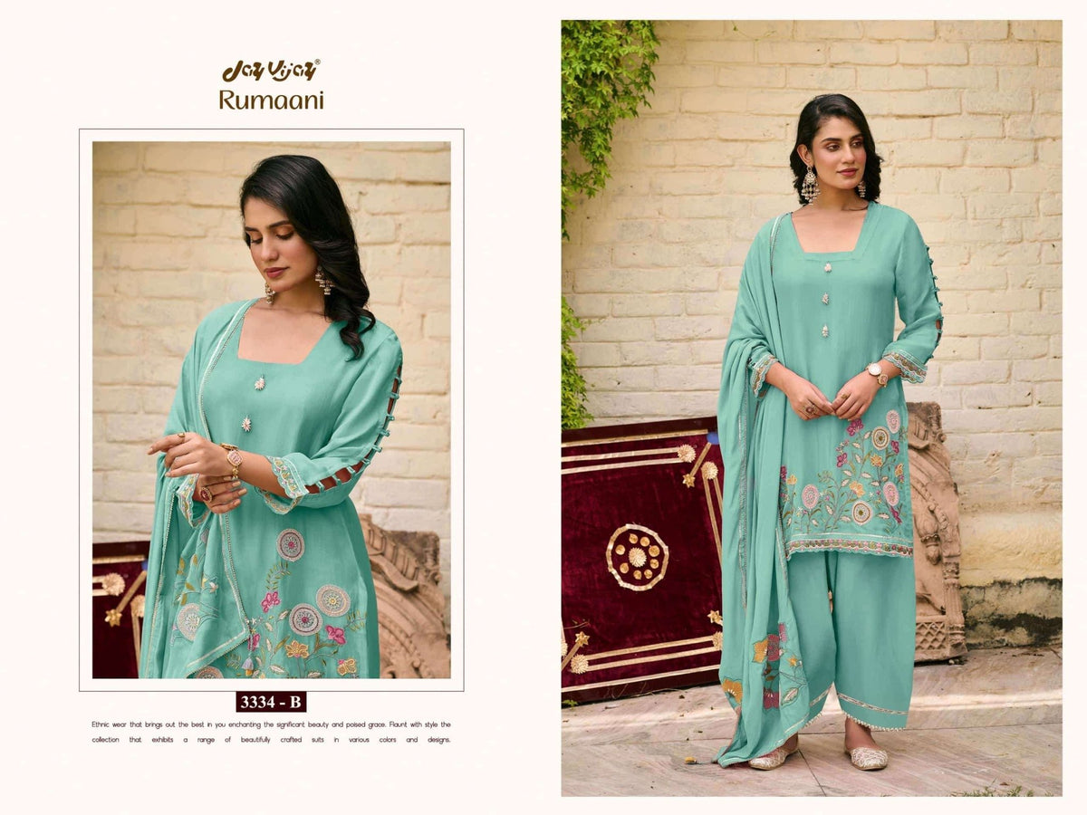 Jay Vijay Rumaani 3334 Premium Organza Embroidered Dress Material - Amrah Wholesale