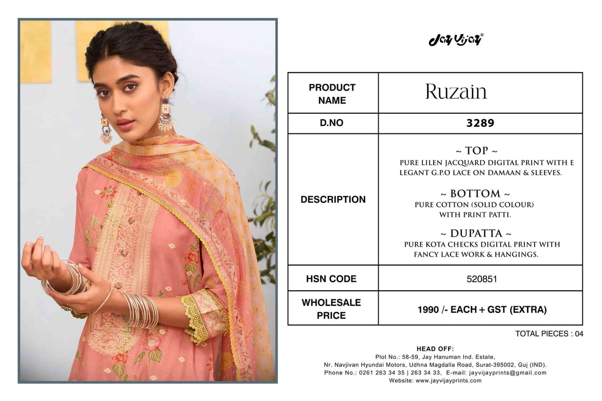 Jay Vijay Ruzain 3289 Dress Material Wholesale Catalogue - Amrah Wholesale
