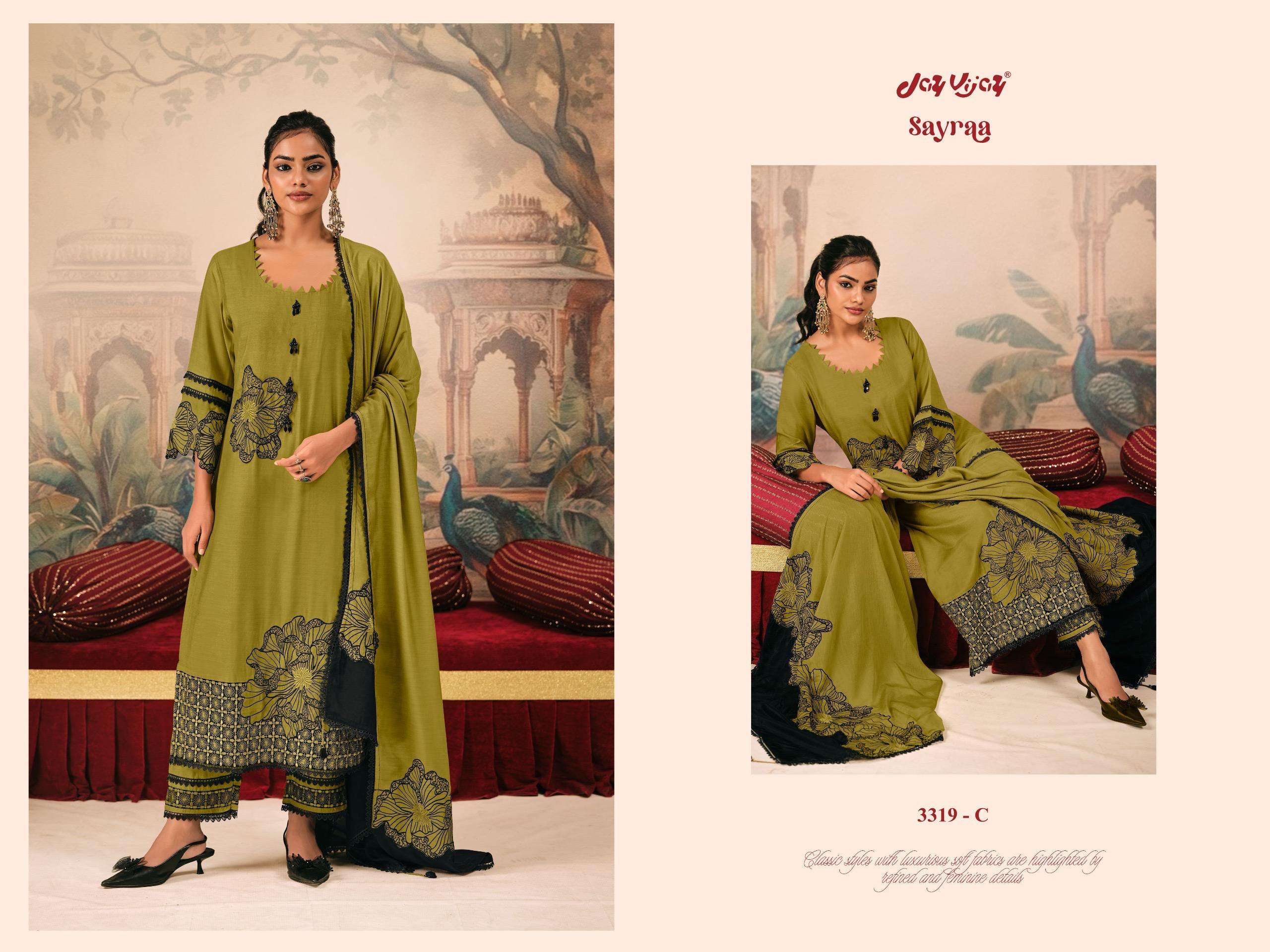 Jay Vijay Sayraa 3319 Premium Bemberg Muslin Silk Embroidered Dress Material
