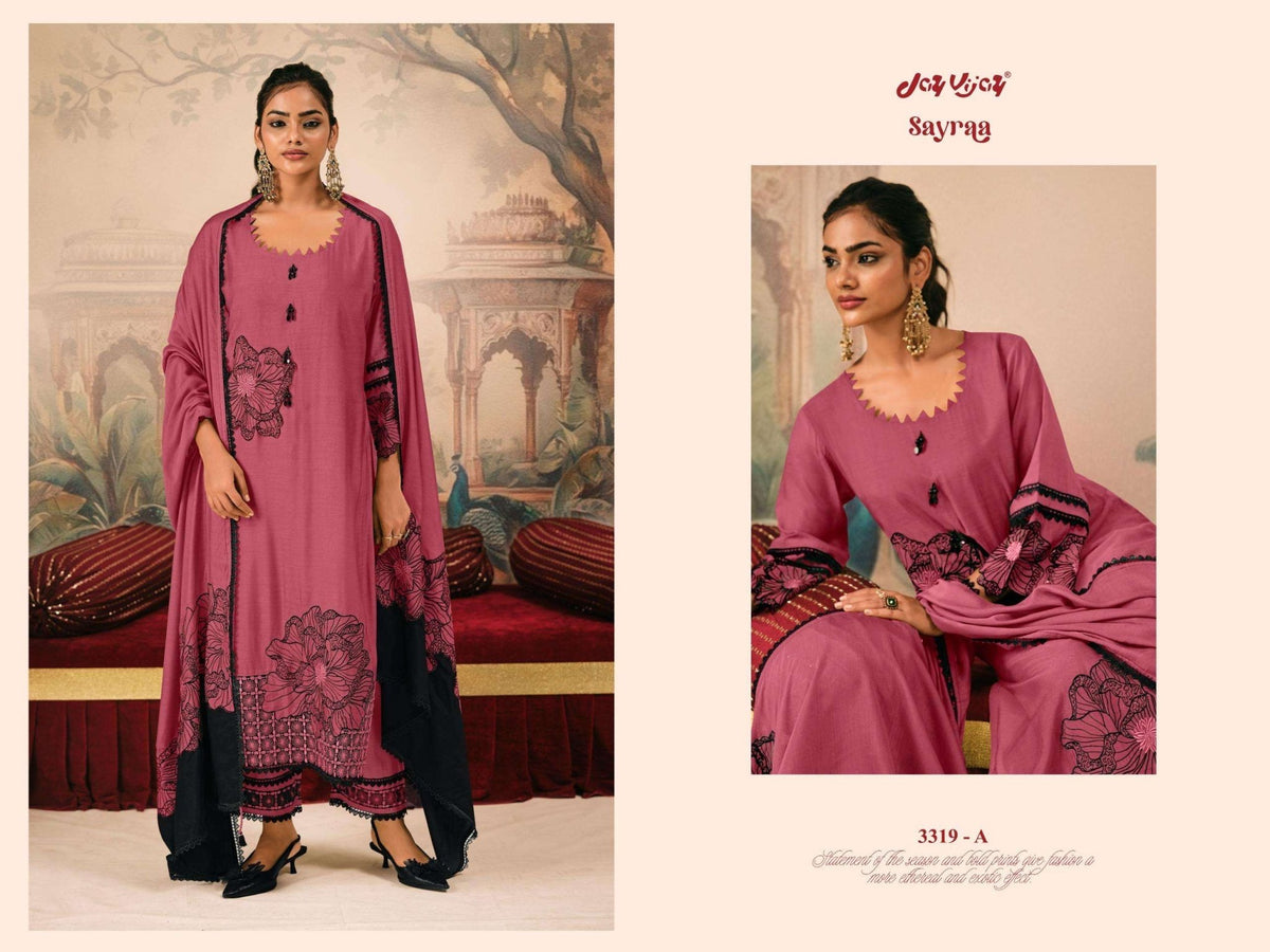Jay Vijay Sayraa 3319 Premium Bemberg Muslin Silk Embroidered Dress Material - Amrah Wholesale