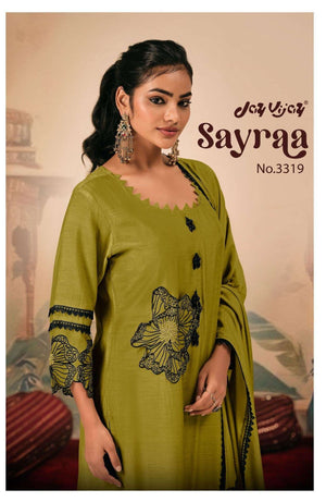 Jay Vijay Sayraa 3319 Premium Bemberg Muslin Silk Embroidered Dress Material - Amrah Wholesale