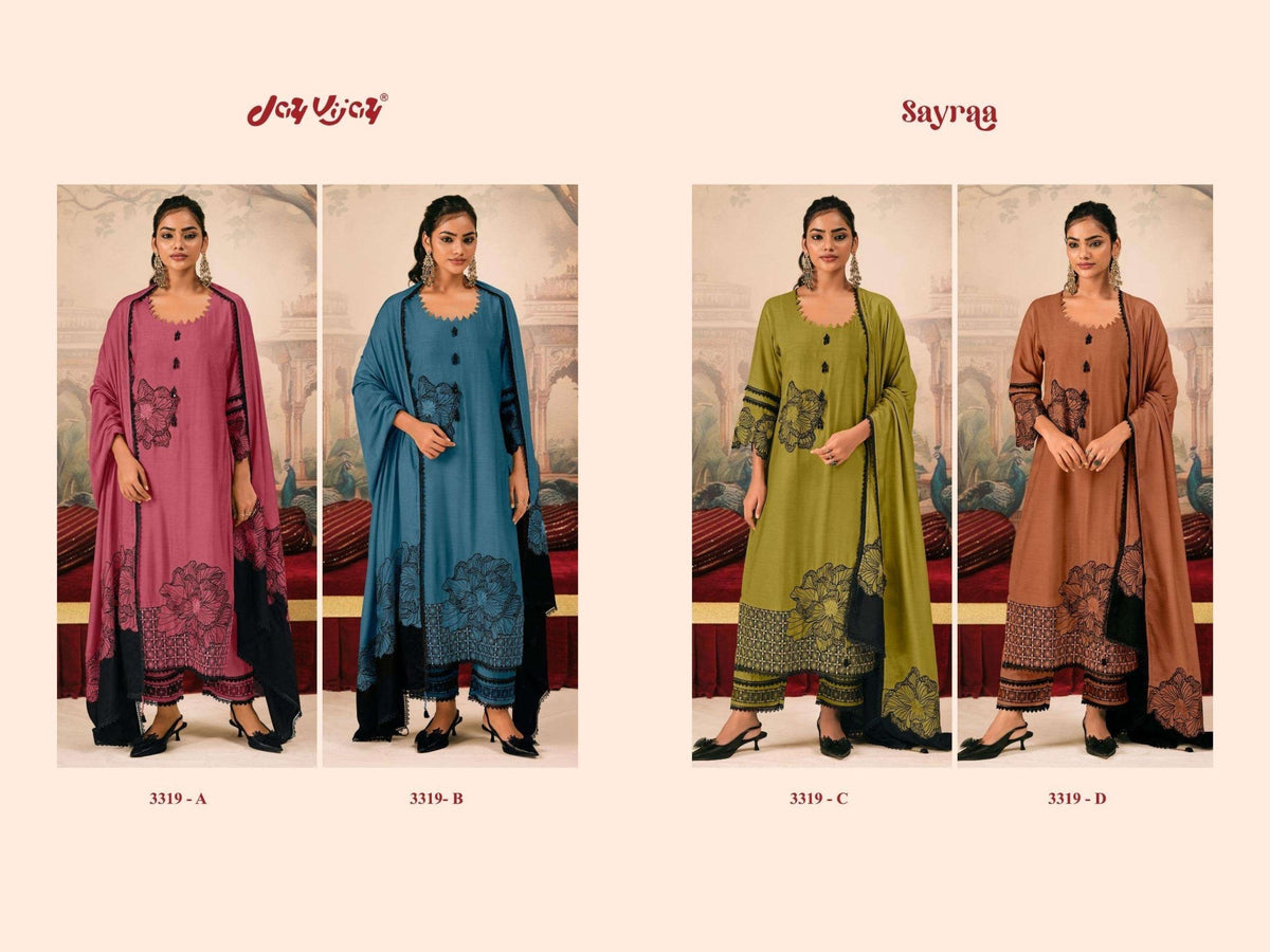 Jay Vijay Sayraa 3319 Premium Bemberg Muslin Silk Embroidered Dress Material - Amrah Wholesale
