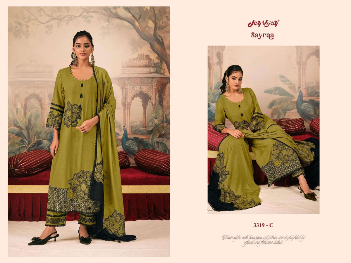 Jay Vijay Sayraa 3319 Premium Bemberg Muslin Silk Embroidered Dress Material - Amrah Wholesale