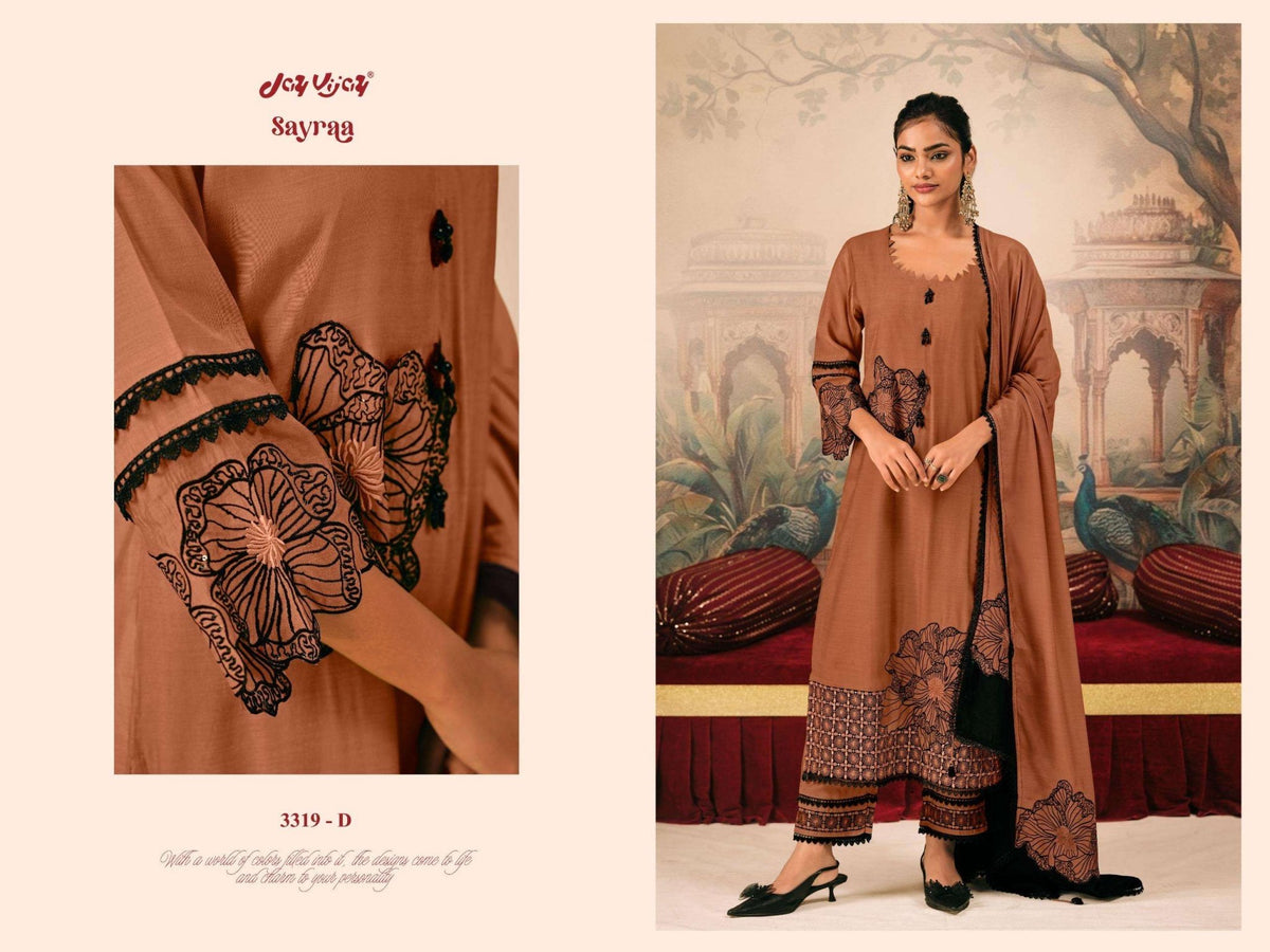 Jay Vijay Sayraa 3319 Premium Bemberg Muslin Silk Embroidered Dress Material - Amrah Wholesale