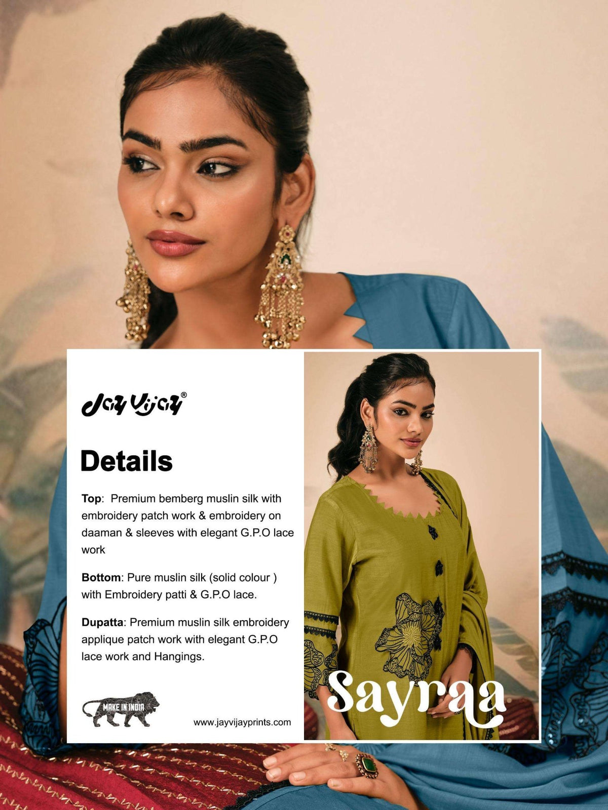 Jay Vijay Sayraa 3319 Premium Bemberg Muslin Silk Embroidered Dress Material - Amrah Wholesale