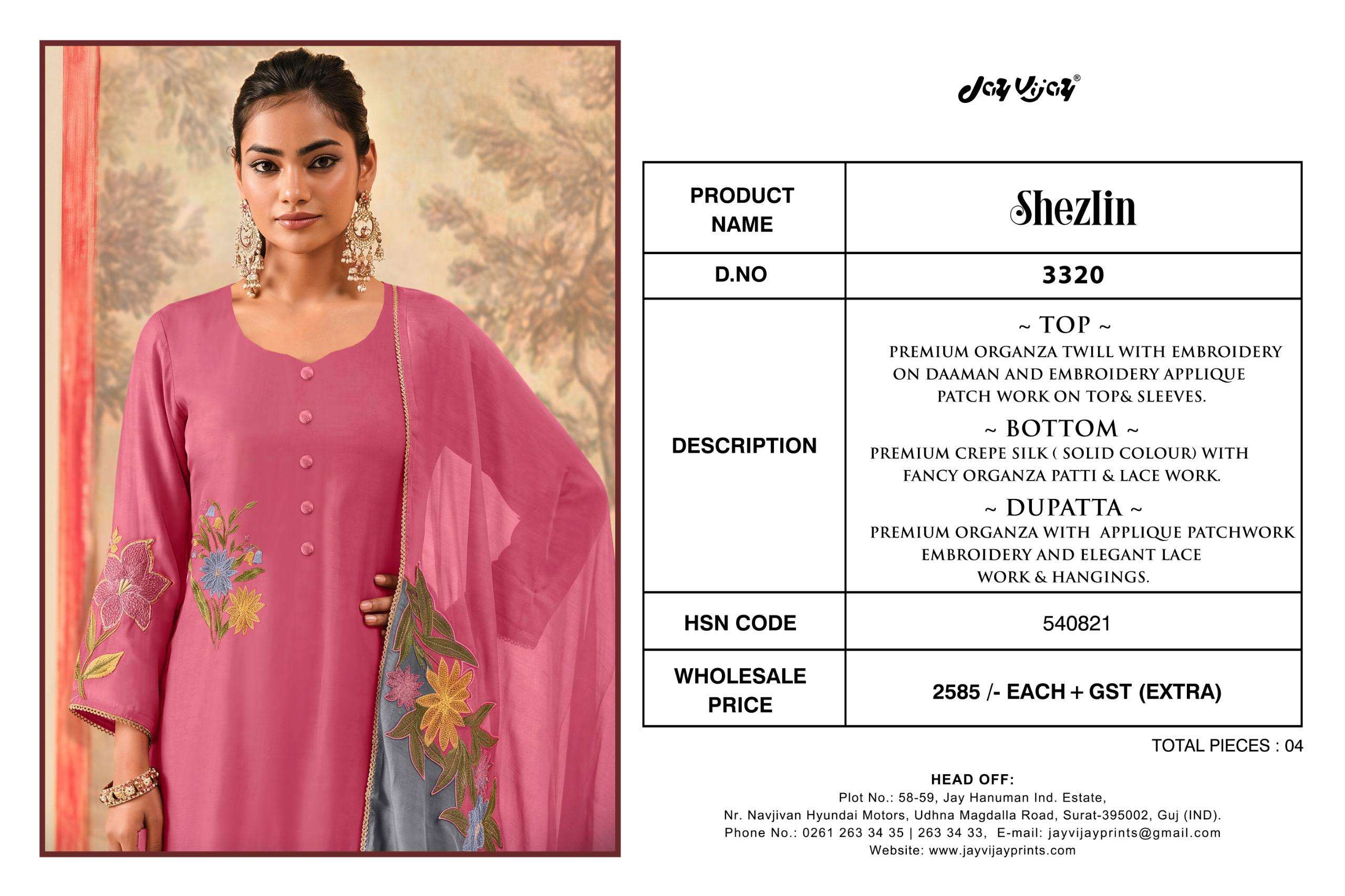 Jay Vijay Shezlin 3320 Premium Organza Dress Material