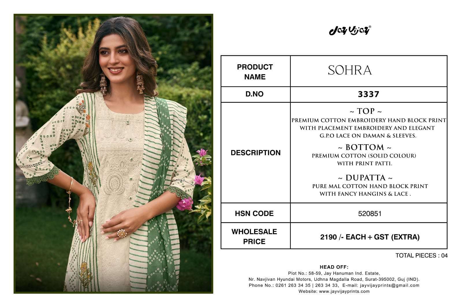 Jay Vijay Sohra 3337 Premium Cotton Embroidered Dress Material