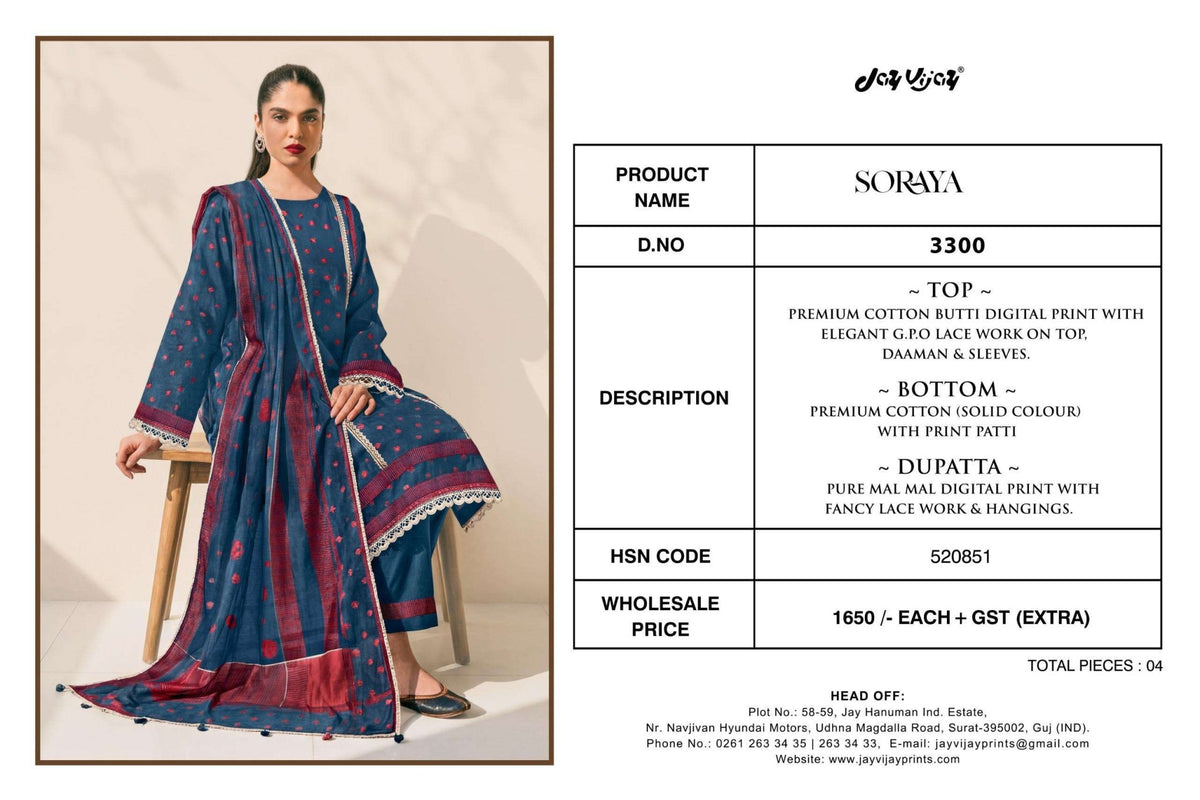 Jay Vijay Soraya 3300 Premium Cotton Dress Material - Amrah Wholesale