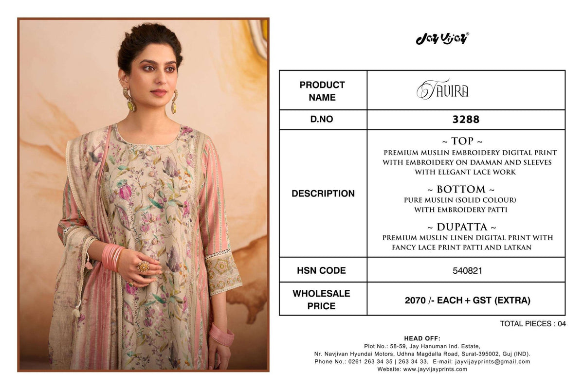 Jay Vijay Tavira 3288 Premium Muslin Dress Material - Amrah Wholesale