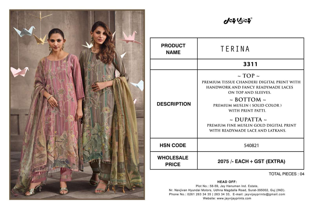 Jay Vijay Terina 3311 Tissue Chanderi Handwork Dress Material - Amrah Wholesale