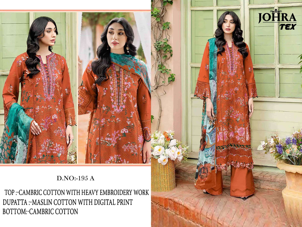 JOHRA TEX JT-195 Pure Cambric Cotton Embroidered Pakistani Suit