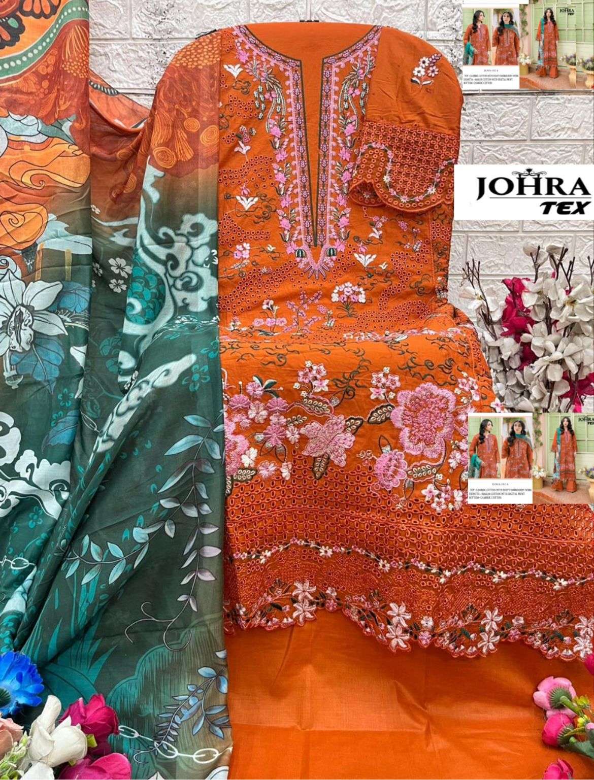 JOHRA TEX JT-195 Pure Cambric Cotton Embroidered Pakistani Suit