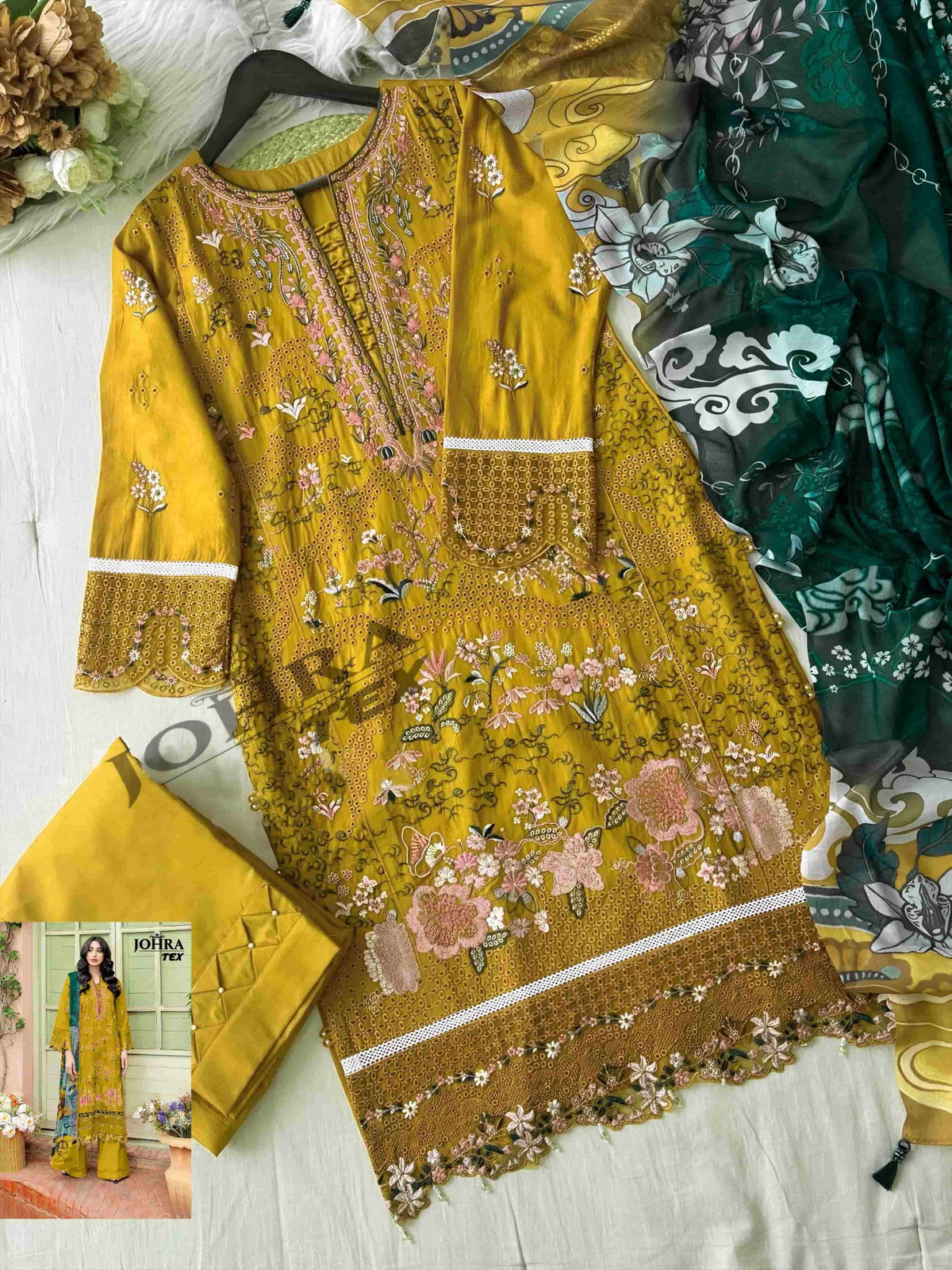 JOHRA TEX JT-195 Pure Cambric Cotton Embroidered Pakistani Suit