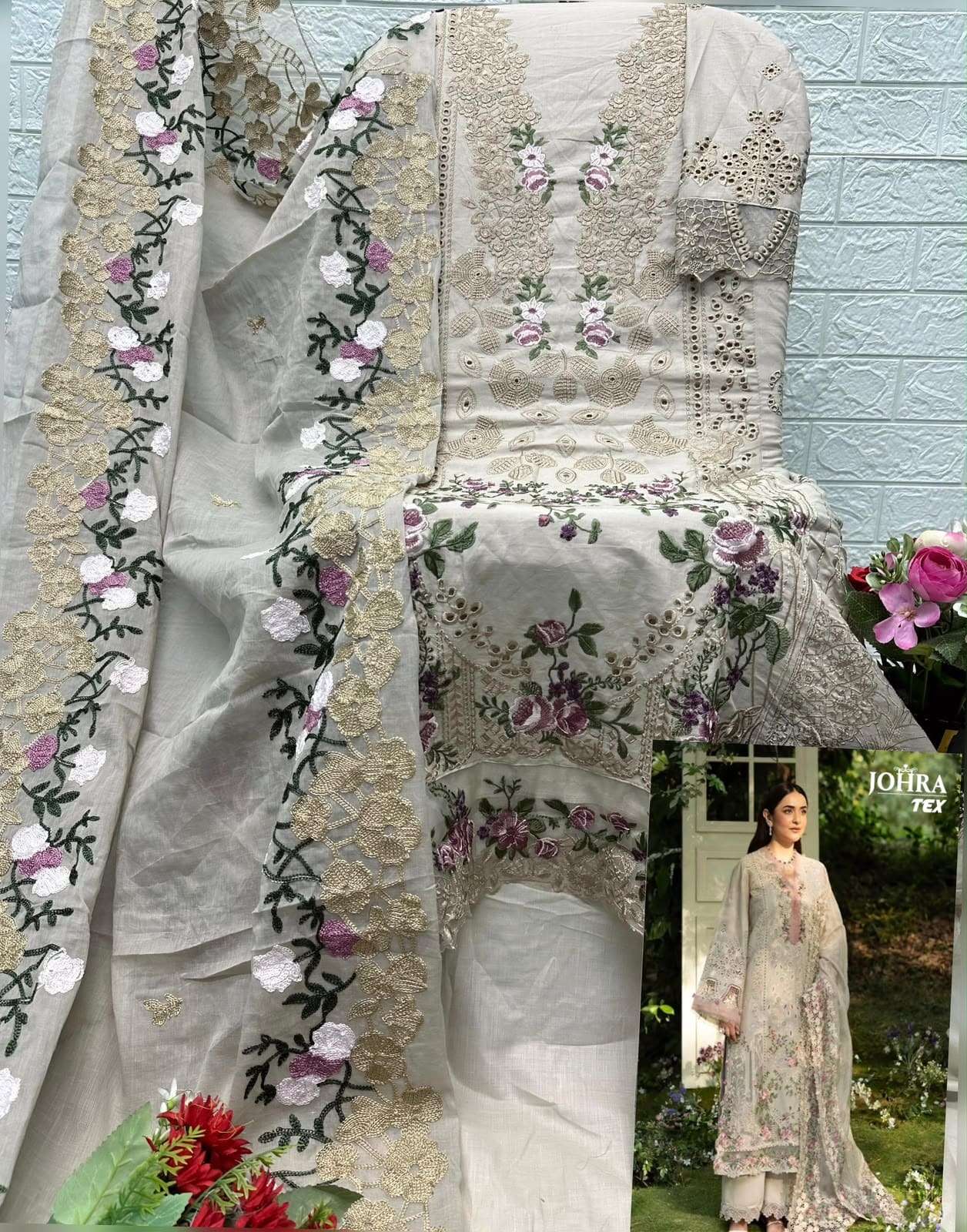 Johra Tex JT-203 Cambric Cotton Embroidery Semi Stitched Pakistani Suit - Amrah Wholesale