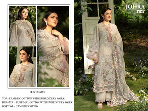 Johra Tex JT-203 Cambric Cotton Embroidery Semi Stitched Pakistani Suit - Amrah Wholesale