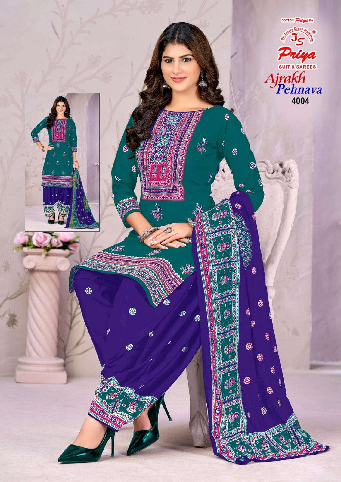JS Priya Ajrakh Pehnava Vol 4 Cotton Dress Material - Amrah Wholesale