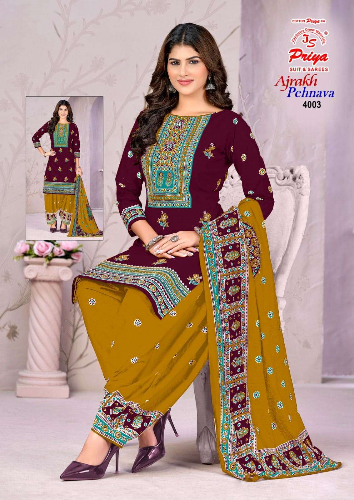 JS Priya Ajrakh Pehnava Vol 4 Cotton Dress Material - Amrah Wholesale