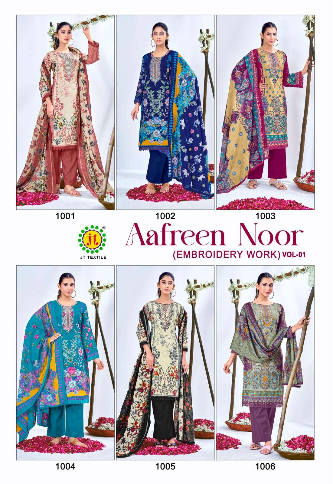 JT Textile Aafreen Noor Vol 1 Cotton Embroidered Dress Material