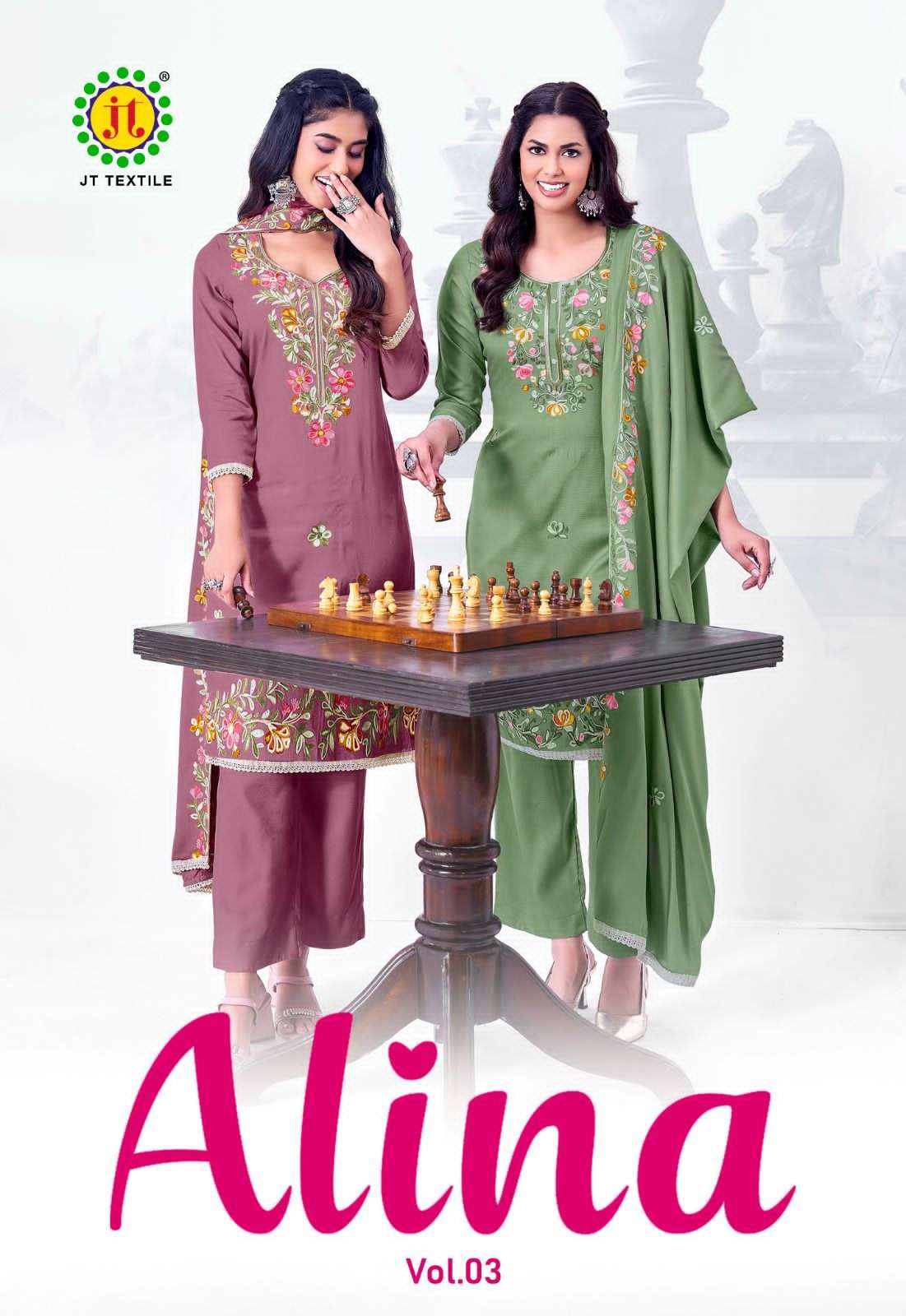 JT Textile Alina Vol 3 Rayon Embroidered Dress Material Wholesale
