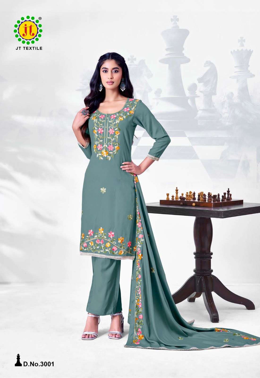 JT Textile Alina Vol 3 Rayon Embroidered Dress Material Wholesale