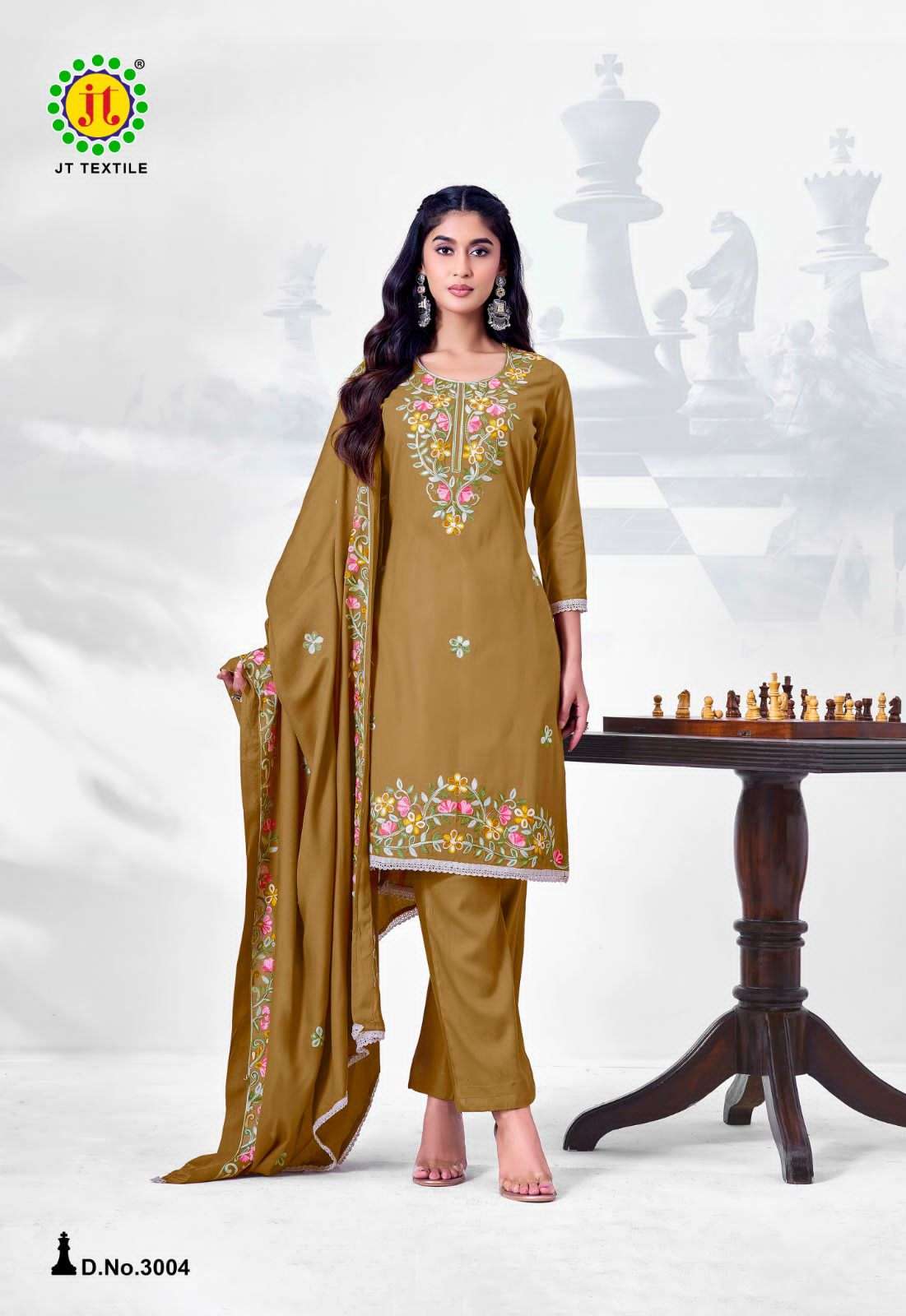 JT Textile Alina Vol 3 Rayon Embroidered Dress Material Wholesale
