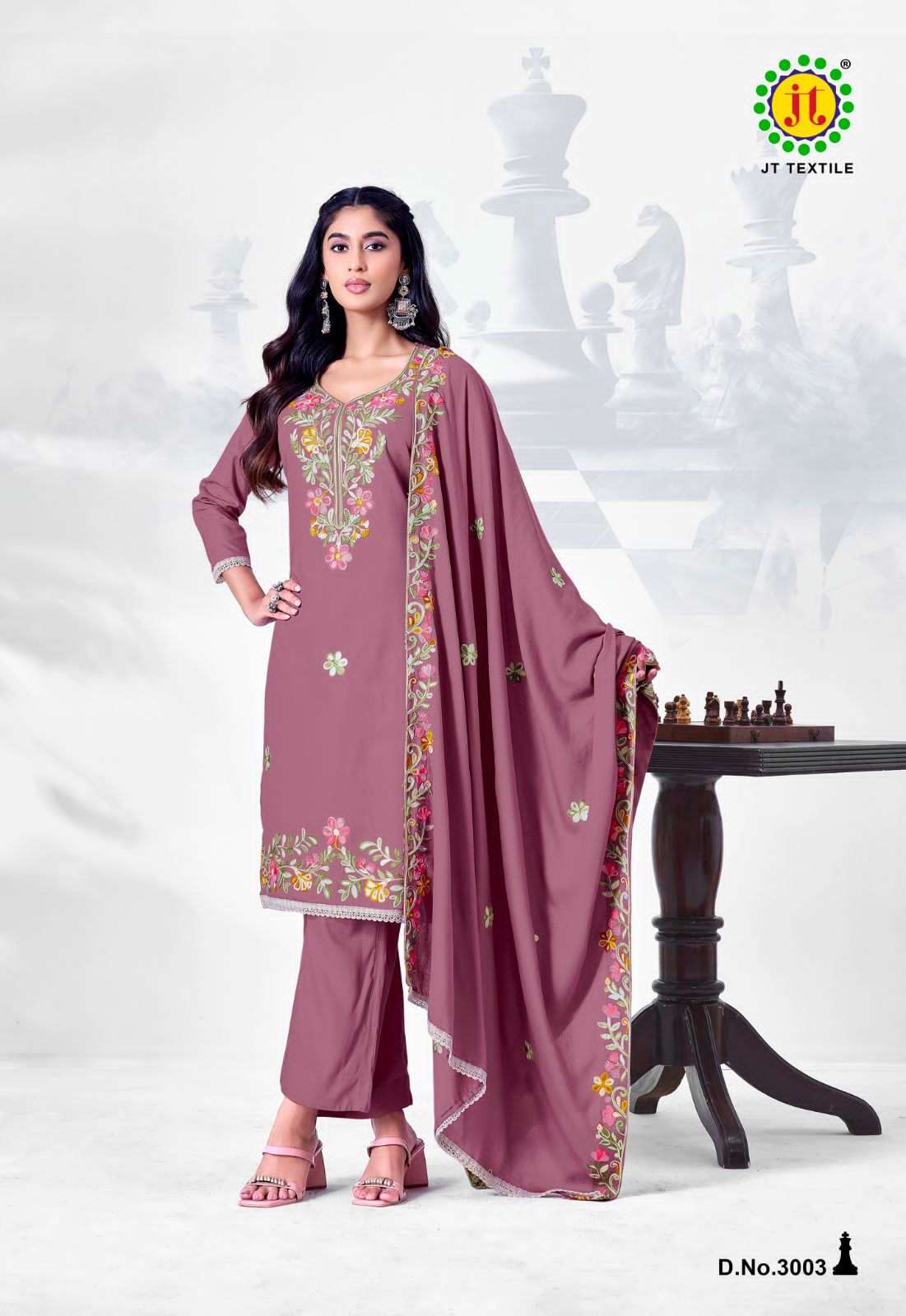JT Textile Alina Vol 3 Rayon Embroidered Dress Material Wholesale