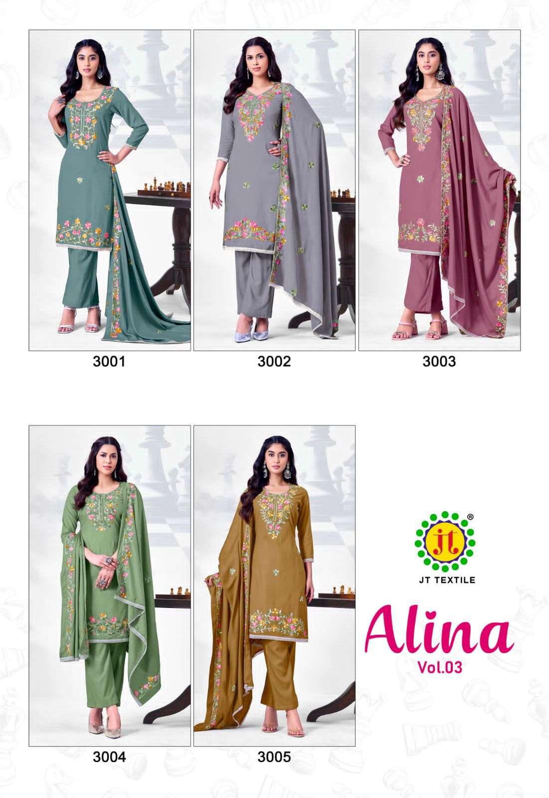 JT Textile Alina Vol 3 Rayon Embroidered Dress Material Wholesale