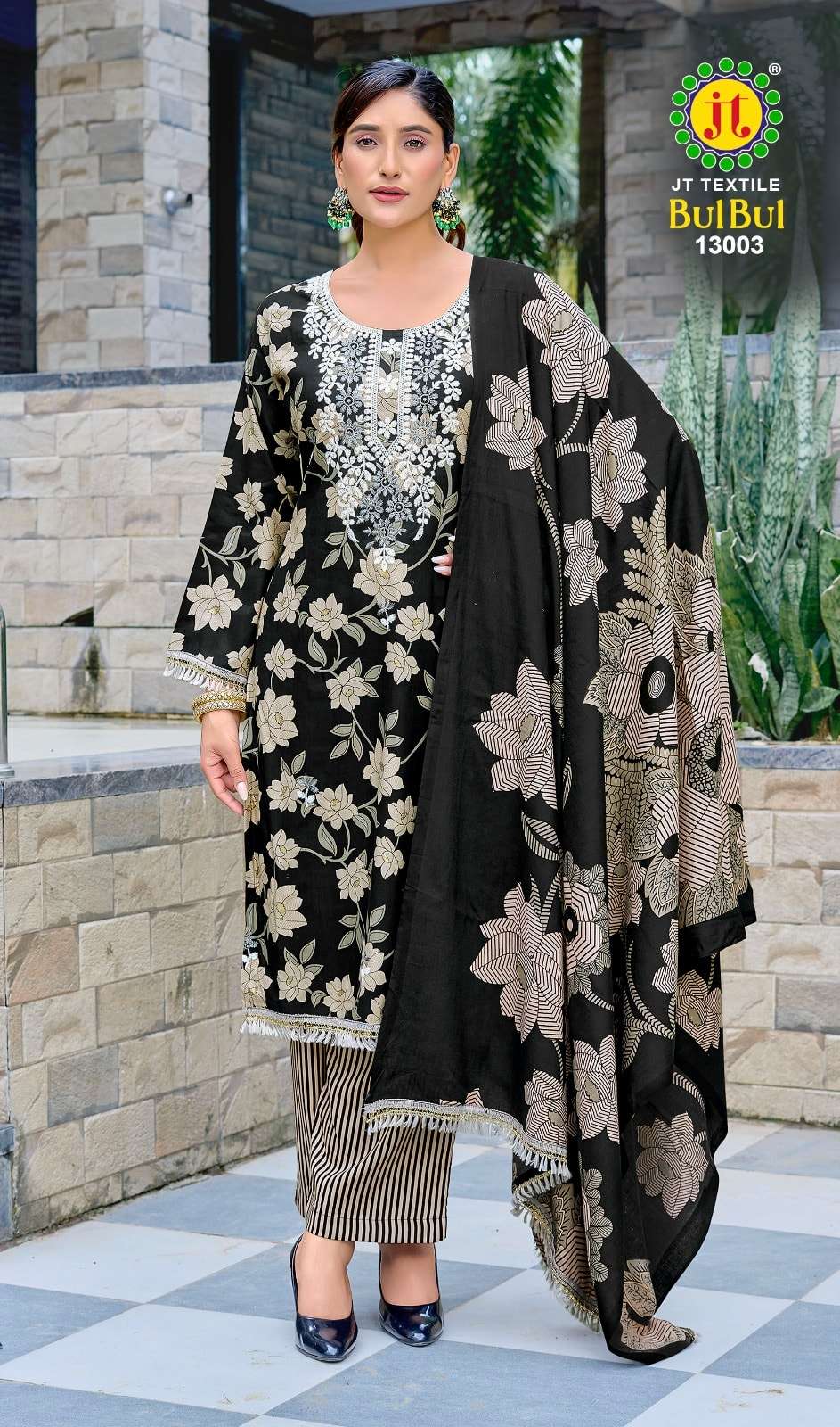 Jt Textile Bul Bul Vol-13 | Woman wearing a black floral outfit with a matching dupatta in an outdoor setting.