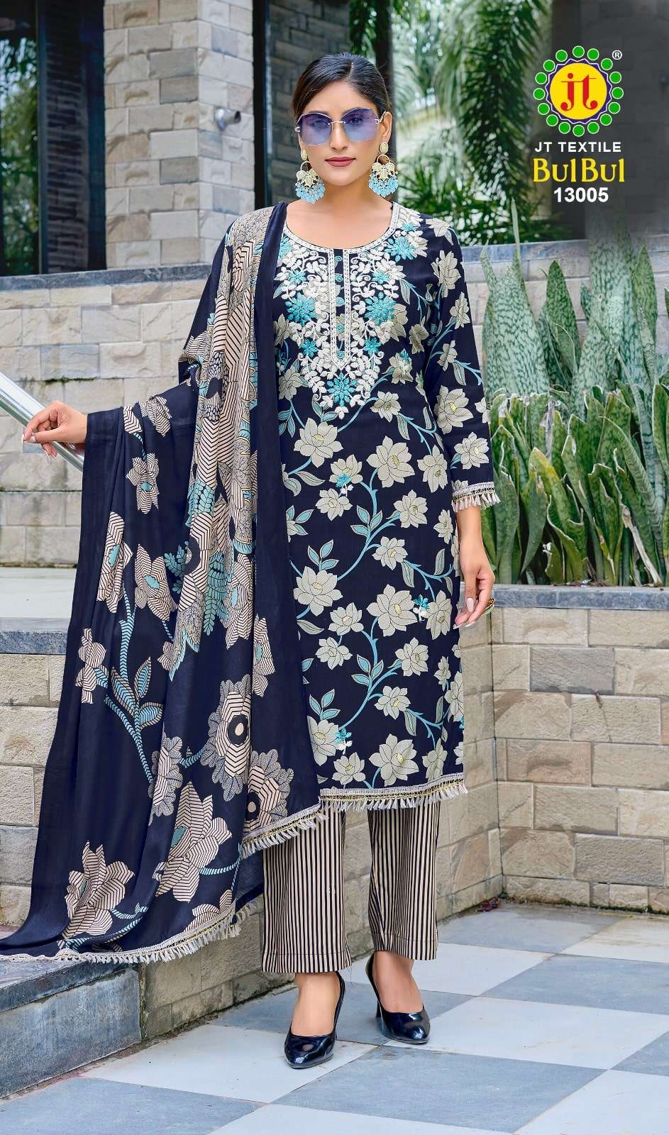 Jt Textile Bul Bul Vol-13 | Woman wearing a navy blue floral outfit with a matching dupatta, standing outdoors.